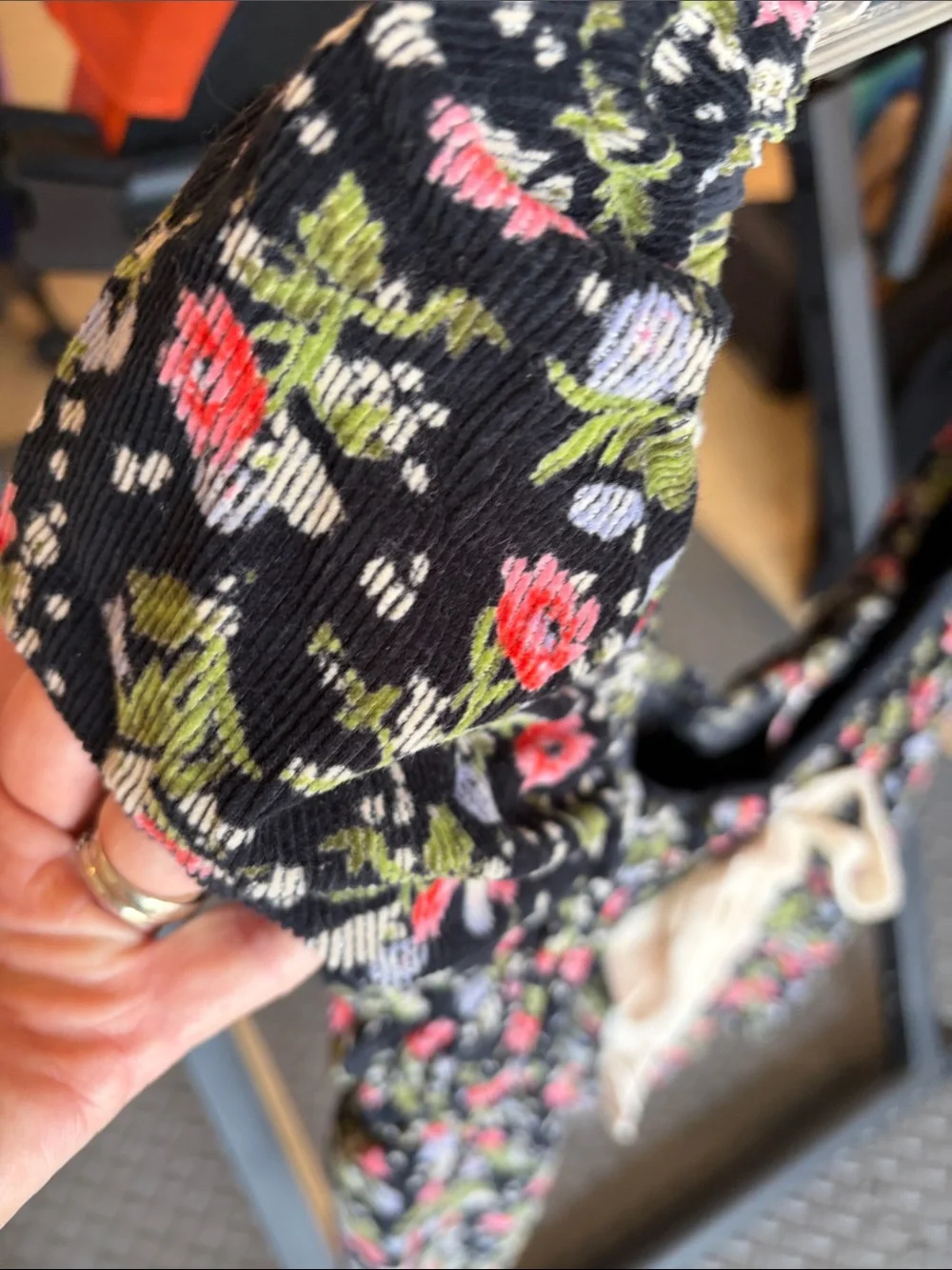 Free People Black Floral Peasant Blouse with Cream Tie